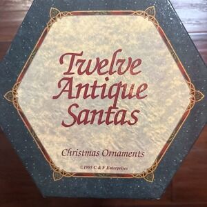 Vintage Set of 12 Decoupage/Paper Mache "Antique Santas" Ornaments in Box 1995